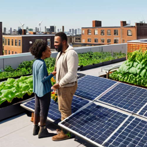 ** A diverse group of people collaborating on a rooftop garden, showcasing sustainable agriculture and community engagement. The scene should feel bright and optimistic, with solar panels visible in the background.

**