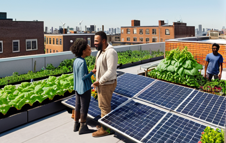 ** A diverse group of people collaborating on a rooftop garden, showcasing sustainable agriculture and community engagement. The scene should feel bright and optimistic, with solar panels visible in the background.

**